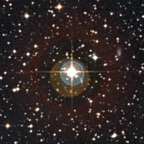 This undated handout image provided by The Europeans Southern Observatory shows a close-up of the sky around the star HD 85512. The picture was created from photographs taken through red and blue filters and forming part of the Digitized Sky Survey 2. The colored halos around the star, and the spikes of light, are artifacts of the telescope and are not real. The remarkable rocky planet HD 85512b that orbits this star is far too faint and too close in to be visible in this image.Astronomers have confirmed a second planet outside our solar system that seems to be in the right place for life -- just barely. But it would be a steam bath world: hot, sticky and downright uncomfortable. (AP-Yonhap News)