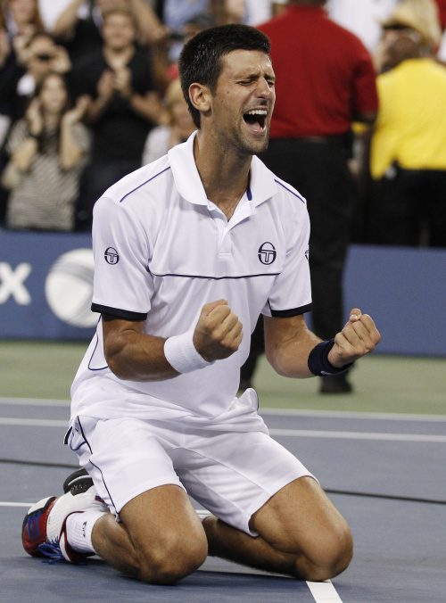 <YONHAP PHOTO-0622> Novak Djokovic of Serbia reacts after winning the men's championship match against Rafael Nadal of Spain at the U.S. Open tennis tournament in New York, Monday, Sept. 12, 2011. (AP Photo/Charles Krupa) /2011-09-13 09:36:58/ <저작권자 ⓒ 1980-2011 ㈜연합뉴스. 무단 전재 재배포 금지.>\r\nSerbia’s Novak Djokovic celebrates after defeating Spain’s Rafael Nadal.  AP-Yonhap News