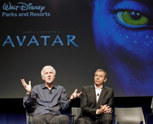 Robert Iger (right), president and CEO of the Walt Disney Company and filmmaker James Cameron announce plans to open an Avatar-themed land, first at Animal Kindgom at Walt Disney World in Florida, and later at other Disney theme parks, at a news conference at Disney Imagineering in Glendale, Calif., Tuesday.(AP)