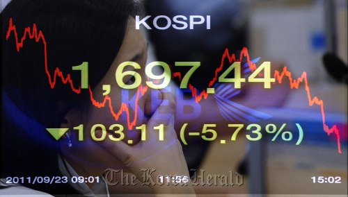 경기침체가 우려가 고조되면서 코스피 지수가 1700이 붕괴된 가운데 종가가 1,697.44 포인트를 기록했다. 23일 오후 서울 외환은행 본점 딜링룸에서 딜러가 망연자실한 표정으로 모니터를 응시하고 있다.(다중노출2회) 박해묵 기자/mook@heraldm.com\r\nKOSPI tumbled below the 1,700 barrier for the first time in 15 months on Friday due to a rising European debt crisis.    Park Hae-mook/The Korea Herald
