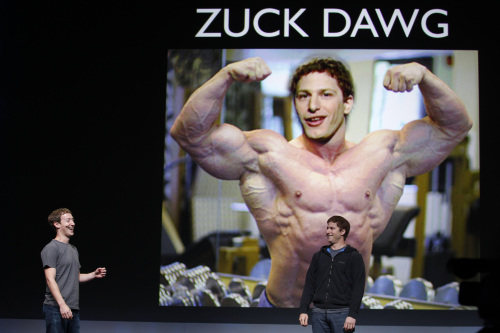 Facebook CEO Mark Zuckerberg, left, smiles at comedian Adam Samberg, right, of Saturday Night Live, during the f/8 conference in San Francisco, Thursday, Sept. 22, 2011. (AP)