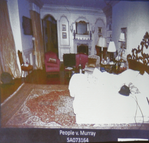Deputy District. Attorney. David Walgren displys an image of Micheal Jackson's Holmby Hills bedroom while questioning Alberto Alvarez,one of Michael Jackson's security guards, during Conrad Murray's involuntary manslaughter trial in downtown Los Angeles, Thursday. Murray has pleaded not guilty and faces four years in prison and the loss of his medical license if convicted of involuntary manslaughter in Michael Jackson's death. (AP-Yonhap News)