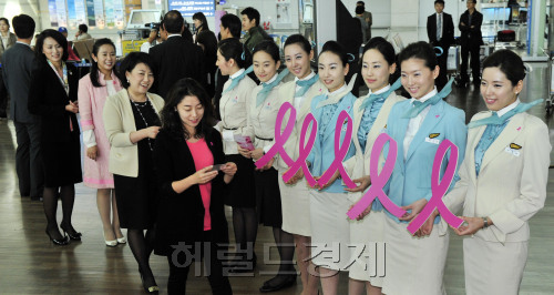 대한항공은 ‘유방암 인식 향상의 달’인 10월을 맞아 4일 여승무원들이 인천국제공항을 이용하는 승객들을 대상으로 직접 유방암 예방 캠페인의 상징인 핑크리본 배지를 달아주고 자가진단카드를 배포하는 ‘희망 메시지 핑크리본 캠페인’을 실시하고 있다.<br />김명섭 기자 msiron@\r\n대한항공은 ‘유방암 인식 향상의 달’인 10월을 맞아 4일 여승무원들이 인천국제공항을 이용하는 승객들을 대상으로 직접 유방암 예방 캠페인의 상징인 핑크리본 배지를 달아주고 자가진단카드를 배포하는 ‘희망 메시지 핑크리본 캠페인’을 실시하고 있다.\n김명섭 기자 msiron@