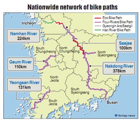 Cyclists try out a new bicycle road along the Geum River on Sept. 28 in Gongju, South Chungcheong Province.     (Ministry of Culture, Sports and Tourism)