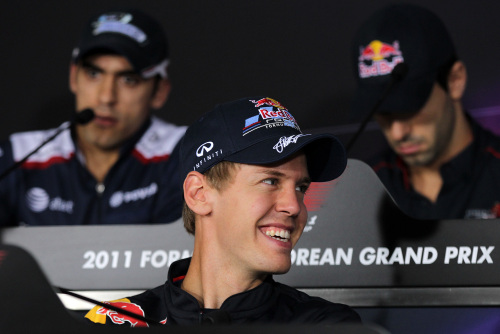 Germany’s Sebastian Vettel takes part in a press conference in Yeongam on Thursday.(Yonhap News)