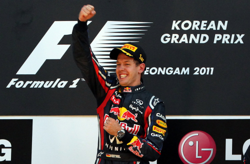 Sebastian Vettel celebrates his win at the Korean Grand Prix in Yeongam on Sunday. (Joint Press Corps)