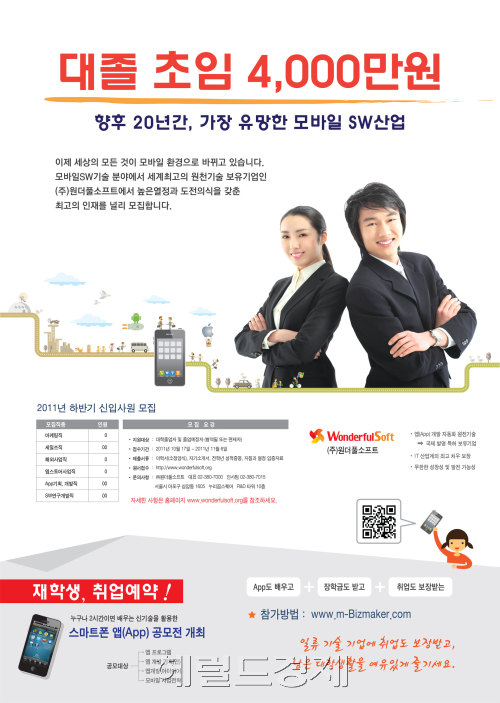 “소프트웨어 인력 더 이상 대기업에 뺏기지 않겠습니다.” \r\n원더풀소프트(대표이사 오현주)는 다음달 6일까지 ‘2011년 하반기 신입사원 4000만원 연봉 공개 채용’을 실시한다고 19일 밝혔다. \r\n이번 하반기 공채는 대학 졸업 예정자와 기졸업자를 대상으로 ‘SW연구 개발직, APP기획 및 개발, 마케팅, 앱스토어 사업, 해외사업, 세일즈’ 등 전 직군에 대한 신규 인력을 선발한다. \r\n오 대표는 “미국과 일본, 한국에서 SW 특허와 세계적인 기술력을 보유하고 있음에도 벤처기업이라는 인식 때문에 수년간 우수 인력을 확보하는데 많은 애로사항이 있었고, 특히 최근 삼성전자가 SW직군 70% 이상 채용하겠다라는 발표를 할 정도로, SW의 인력 양성의 중요성이 부각되면서 우수 신규 인력을 확보하는데 더 큰 어려움을 겪고 있다”면서 이번 공채의 신입 연봉 수준을 대기업 신입 평균 3473만원 보다도 약 550여 만원이 높은 4000만원으로 책정한 배경을 밝혔다.