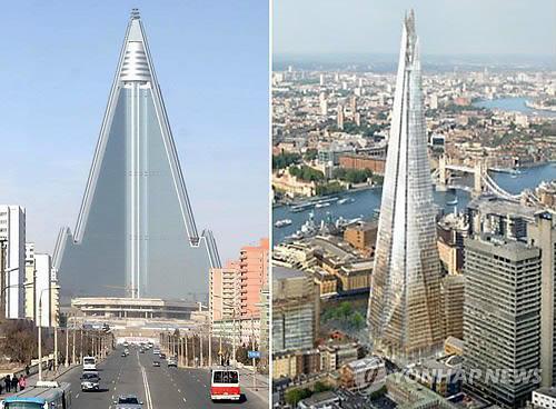The Ryukyong Hotel under construction in Pyongyang (left), due for completion next year, is often compared to the Shard in London for their striking similarities.               Yonhap News