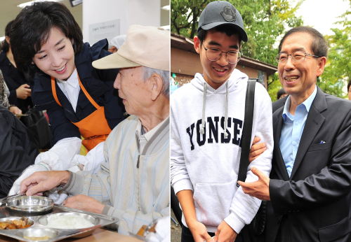Na Kyung-won (left photo) and Park Won-soon (right photo) meet voters. (Yonhap News) 서울시장선거