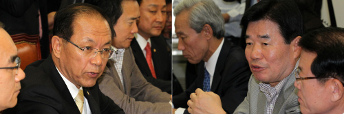 <YONHAP PHOTO-0810> 한미 FTA 여야정 회의, 여야 원내대표 모두발언 (서울=연합뉴스) 전수영 기자 = 한나라당 황우여(왼쪽 두번째), 민주당 김진표 원내대표(오른쪽 두번째)가 23일 오후 국회 운영위원회 소회의실에서 열린 한미 자유무역협정(FTA)관련 여야정 회의에서 모두발언을 하고 있다. 한편 국회 외교통상통일위원회의 한미 자유무역협정(FTA) `끝장토론' 은 지난22일에도 평행선을 달린 가운데 견해차를 좁히지 못하고 오는 24일 추가 토론을 갖기로 했다. 2011.10.23 swimer@yna.co.kr/2011-10-23 14:10:39/ <저작권자 ⓒ 1980-2011 ㈜연합뉴스. 무단 전재 재배포 금지.>\r\nHwang Woo-yea (second from left), floor leader of the ruling Grand National Party, and Kim Jin-pyo (second from right), floor leader of the main opposition Democratic Party, speak during a parliamentary meeting on the KORUS FTA on Sunday. Yonhap News