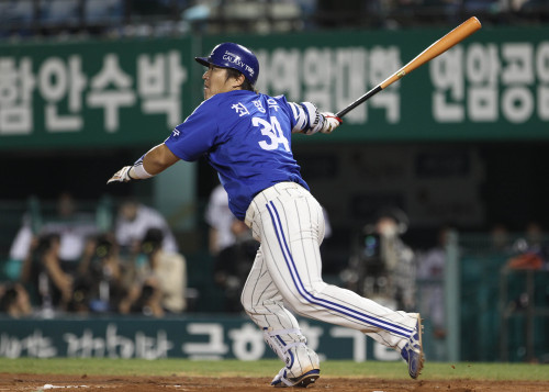 <YONHAP PHOTO-1921> 동점이요! (서울=연합뉴스) 김현태 기자 = 27일 서울 잠실경기장에서 열린 2011 프로야구 삼성과 두산의 경기 3회말 2사 주자 만루 상황에서 삼성 최형우가 동점 2점 적시타를 치고 있다. 2011.9.27 mtkht@yna.co.kr/2011-09-27 19:41:20/ <저작권자 ⓒ 1980-2011 ㈜연합뉴스. 무단 전재 재배포 금지.>
Samsung outfielder Choi Hyung-woo led the KBO with 30 homers and 118 RBIs.  Yonhap News