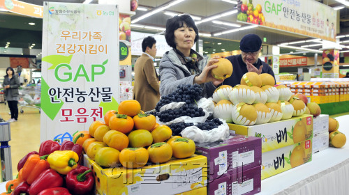 농협과 농림수산식품부는 25일 하나로마트 양재점에서 GAP안전농산물 모음전을 열어 시민들이 농산물의 우수성을 살펴보고 있다. GAP(농산물 우수 관리제도)는 생산부터 포장까지 농약, 중금속, 병원미생물 등 농식품 위해요소를 종합적으로 관리하는 제도이다.<br />김명섭 기자 msiron@\r\n농협과 농림수산식품부는 25일 하나로마트 양재점에서 GAP안전농산물 모음전을 열어 시민들이 농산물의 우수성을 살펴보고 있다. GAP(농산물 우수 관리제도)는 생산부터 포장까지 농약, 중금속, 병원미생물 등 농식품 위해요소를 종합적으로 관리하는 제도이다.\r\n김명섭 기자 msiron@