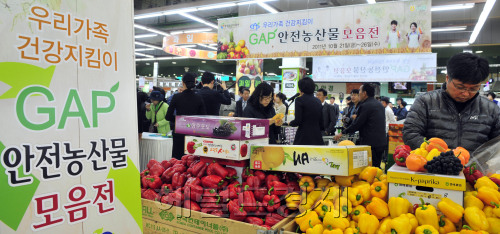 농협과 농림수산식품부는 25일 하나로마트 양재점에서 GAP안전농산물 모음전을 열어 시민들이 농산물의 우수성을 살펴보고 있다. GAP(농산물 우수 관리제도)는 생산부터 포장까지 농약, 중금속, 병원미생물 등 농식품 위해요소를 종합적으로 관리하는 제도이다. 김명섭 기자\r\n농협과 농림수산식품부는 25일 하나로마트 양재점에서 GAP안전농산물 모음전을 열어 시민들이 농산물의 우수성을 살펴보고 있다. GAP(농산물 우수 관리제도)는 생산부터 포장까지 농약, 중금속, 병원미생물 등 농식품 위해요소를 종합적으로 관리하는 제도이다. 김명섭 기자