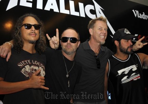 Metallica members (from left): Kirk Hammett, Lars Ulrich, James Hetfield and Robert Trujillo. AP/Tsering Topgyal-Yonhap News