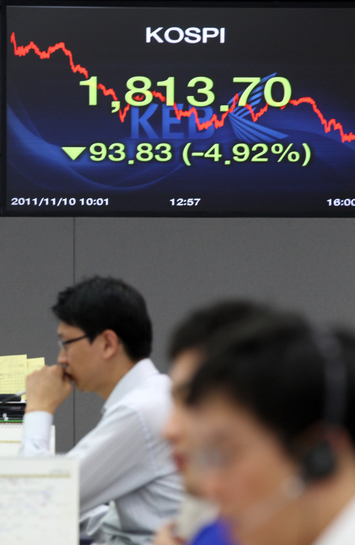 Seoul shares lost 4.94 percent to 1,813.25 Thursday on deepening woes over Europe’s debt crisis as soaring borrowing costs in Italy renewed fears that the region’s currency union may be breaking up
(Yonhap News)