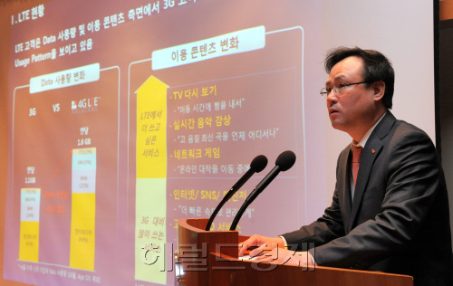 15일 오전 SK 텔레콤이 을지로 본사에서 세계 최고 LTE 서비스를 위한 차별화 전략 발표를 하고 있다.SK 텔레콤 장동현 마케팅부문장이 프리젠테이션을 하고 있다./ 안훈기자 rosedale@ 2011.11.15
Jang Dong-hyun, chief marketing officer of SK Telecom, speaks during a news conference at the company’s headquarters in Euljiro, central Seoul, Tuesday.     Ahn Hoon/The Korea Herald