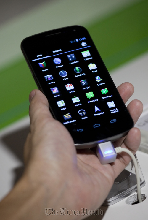 Samsung Electronics’ Galaxy Nexus smartphone, running Google Inc.’s Ice Cream Sandwich Android operating, system.  Bloomberg