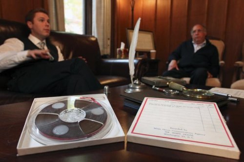 Nathan Raab (left) and his father Steven Raab, talk about their recently discovered White House communications tapes involving Air Force One in flight from Dallas on November 22, 1963, during an interview at their office, in Philadelphia, on Wednesday Nov. 9, 2011. (AP)