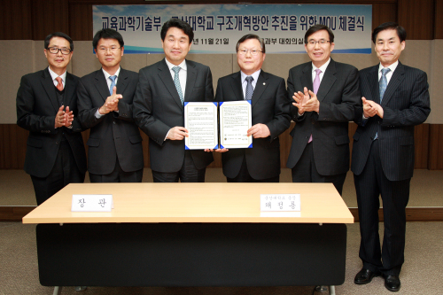 교육과학기술부는 지난 21일 군산대와 구조개혁 방안 추진을 위한 업무협약(MOU)을 맺고 군산대의 자체 개혁을 교과부가 행정ㆍ재정적으로 지원하는 데에 노력하기로 합의했다.