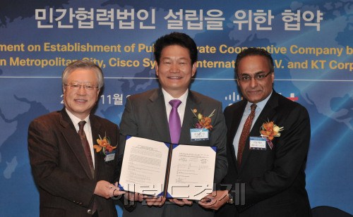 22일 인천광역시,KT,CISCO가 스마트시티 구축위한 민간협력법인 설립을 위한 협약식을 코엑스인터콘티넨탈호텔에서 가졌다. 협약식에는 KT 이석채회장과 송영길 인천광역시장, CISCO 아닐 메논(Anil Menon)글로벌라이제이션 총괄사장이 참석했다. <br />정희조 기자/checho@heraldm.com 111122\r\n22일 인천광역시,KT,CISCO가 스마트시티 구축위한 민간협력법인 설립을 위한 협약식을 코엑스인터콘티넨탈호텔에서 가졌다. 협약식에는 KT 이석채회장과 송영길 인천광역시장, CISCO 아닐 메논(Anil Menon)글로벌라이제이션 총괄사장이 참석했다. \n정희조 기자/checho@heraldm.com 111122\r\n코엑스인터콘티넨탈호텔에서 22일 열린 스마트시티 구축을 위한 민간협력법인 설립 협약식에서 이석채(왼쪽부터)KT 회장과 송영길 인천광역시장, 아닐 메논(Anil Menon) CISCO 글로벌라이제이션 총괄사장이 협약서를 들고 포즈를 취하고 있다.  정희조 기자/checho@heraldm.com