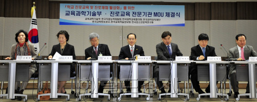 학교진로교육 및 진로체험 활성화를 위한 교육과학기술부 진로교육전문기관 MOU체결식이 23일 서울 세종로 정부중앙청사 교과부 대회의실에서 열려 참석자들이 협약서에 서명하고 있다.(왼쪽부터 강혜련 한국과학창의재단 이사장, 이재연 한국청소년정책연구원 원장, 김영길 한국대학교육협의회 회장, 설동근 교육과학기술부 1차관, 박영범 한국직업능력개발원 원장, 김철균 한국교육학술정보원 원장, 이명구 한국교육방송공사 부사장)<br />김명섭 기자 msiron@\r\n학교진로교육 및 진로체험 활성화를 위한 교육과학기술부 진로교육전문기관 MOU체결식이 23일 서울 세종로 정부중앙청사 교과부 대회의실에서 열려 참석자들이 협약서에 서명하고 있다.(왼쪽부터 강혜련 한국과학창의재단 이사장, 이재연 한국청소년정책연구원 원장, 김영길 한국대학교육협의회 회장, 설동근 교육과학기술부 1차관, 박영범 한국직업능력개발원 원장, 김철균 한국교육학술정보원 원장, 이명구 한국교육방송공사 부사장)\r\n김명섭 기자 msiron@