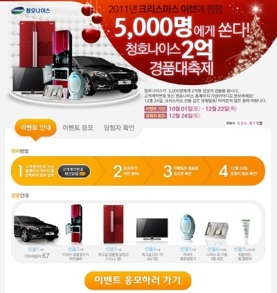 청호나이스는 지난 10월부터 '201년 크리스마스 이브에 펑펑 5,000명에게 쏜다! 청호나이스 2억 경품대축제' 이벤트를 진행하고 있다. 이벤트는 이달 12월 22일까지 진행되며 크리스마스 이브인 12월 24일에 당첨자 발표가 있을 예정이다.