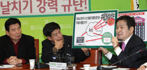 <YONHAP PHOTO-0982> 민주, 사이버 테러 철저 조사촉구 (서울=연합뉴스) 백승렬 기자 = 민주당 문용식 인터넷소통위원장이 4일 국회에서 열린 사이버테러 진사조사단회의에서 사이버테러의 사례를 설명하며 철저한 진상조사를 촉구하고 있다. 2011. 12. 4 srbaek@yna.co.kr/2011-12-04 13:38:22/ <저작권자 ⓒ 1980-2011 ㈜연합뉴스. 무단 전재 재배포 금지.>
Moon Yong-sik (right), the Democratic Party’s Internet communication chief, explains the Oct. 26 cyber attack at the National Assembly on Sunday.  Yonhap News