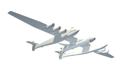In this artist's rendering provided by Stratolaunch Systems, a planned plane that would launch cargo and astronauts into space is seen. (AP-Yonhap News)