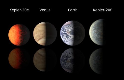 This illustration provided by the Harvard-Smithsonian Center for Astrophysics shows artist's renderings of planets Kepler-20e and Kepler-20f compared with Venus and the Earth. (AP)