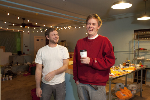 Tom McCusker (right) owner of Honest Tom’s taco truck, shares a laugh with business associate Andrew Pacella, Nov. 30, in Philadelphia, Pennsylvania.(Philadelphia Inquirer/MCT)