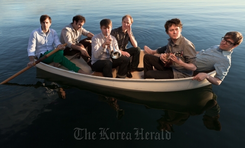 Indie-rock band Beirut and lead vocalist Zach Condon (second from right) Sony Music