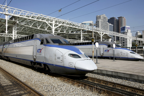 KTX high-speed trains wait for departure at Seoul Station in Seoul.  Bloomberg