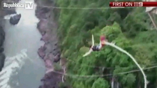 This captured photo shows Erin Langworthy, 22, bungee jumping from the Victoria Falls bridge above Zambezi River in Zimbabwe. (Courtesy of Channel Nine, Australia)