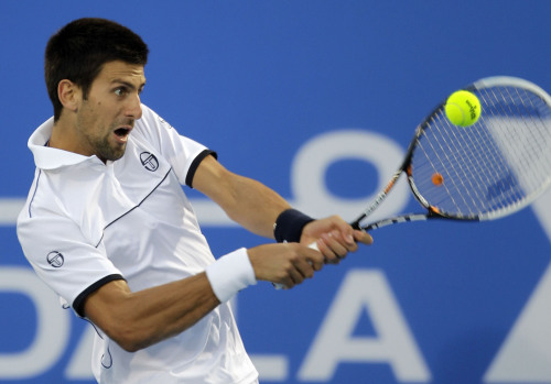 <YONHAP PHOTO-0009> Serbia's Novak Djokovic returns the ball to Spain's David Ferrer in the final match of the Abu Dhabi Mubadala Tennis Championship, Saturday, Dec. 31, 2011 in Abu Dhabi, United Arab Emirates. (AP Photo/Kamran Jebreili)/2012-01-01 00:21:05/ <저작권자 ⓒ 1980-2012 ㈜연합뉴스. 무단 전재 재배포 금지.>
Novak Djokovic had a 10-1 win-loss record against Rafael Nadal and Roger Federer in 2011.  AP-Yonhap News