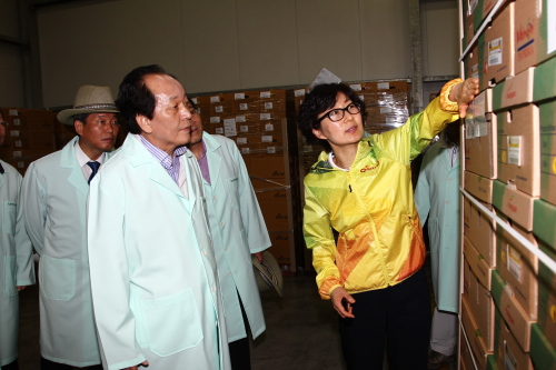 서규용 농림수산식품부 장관이 전북 김제의 농산무역을 찾아 생산설비를 시찰하고 있다. 농산무역은 선진 재배기법을 도입하고, 일본 수출시장 개척을 통해 파프리카를 수출 작목으로 재탄생시켰다.  [사진제공=농수산식품부]