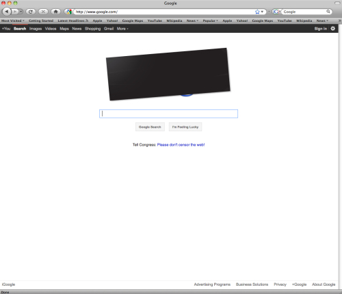 This screen shot shows the home page Google.com. A campaign whose backers include tech heavyweights like Google Inc. and Yahoo Inc. has successfully portrayed the bills _ the Stop Online Piracy Act and Protect Intellectual Property Act -- as an attack on a free and open Internet rather than a way to protect the jobs of Americans in the movie and music industries, in a protest Wenesday. (AP-Yonhap News)