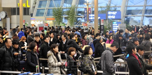 설 연휴 인천국제공항을 통해 출국하는 여객자 수가 개항 이후 가장 많을 것으로 전망되는 가운데 20일 여행객들이 탑승수속을 하고 있다.<br />김명섭 기자 msiron@\r\n명절 연휴가 해외여행의 호기가 된 지는 이미 오래다. 명절 때면 인파로 붐비는 공항의 모습이 이제 더 이상 낯설지 않은 풍경이다. 경제 전망은 어둡고 연휴도 짧지만 올 설 명절에도 공항은 인산인해다. 역귀성, 가족여행 등 이런저런 사정으로 고향으로 향하지 않는 사람이 늘어나는 반면 명절 해외여행객은 해마다 증가일로다. 이번 설연휴 해외여행객은 지난해보다 8.7% 증가한 27만명(인천공항공사 추산)을 넘어설 것으로 알려졌다. 설연휴가 사실상 시작된 20일 오전 인천국제공항은 비행기 탑승을 기다리는 이들로 만원이다. 길게 늘어선 줄 탓에 한참 기다려야 하지만 마음은 이미 여행지로 가 있는 듯 사람들의 표정은 밝기만 하다. 김명섭 기자/msiron@heraldm.com