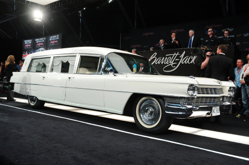 In this photo provided by Barrett-Jackson, the white hearse used to transport President John F. Kennedy's body following his assassination in Dallas is shown at auction Saturday, Jan. 21, 2012 in Scottsdale, Ariz. (AP)