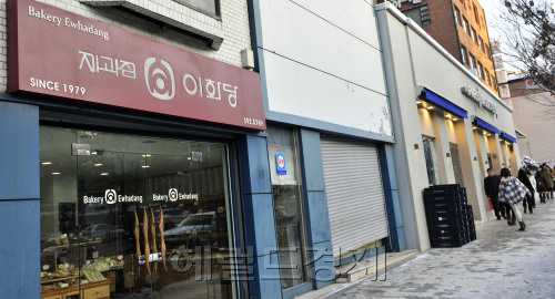 이화당과 파리바게뜨<br />김명섭 기자 msiron@\r\n이화당과 파리바게뜨\n김명섭 기자 msiron@\r\n동네 빵집이 하나 둘씩 사라지고 있다. 지난달 31일에는 홍대앞 명물 빵집 ‘리치몬드’가 폐업했다. 서울은 물론 전국 곳곳에 명물 빵집들이 있지만 어려움을 호소하고 있다. 신촌 유명 빵집 ‘이화당’ 역시 어려움에 빠져있다. 1일 오전 서울 이화여대 후문 인근 이화당 빵집의 모습이다.  김명섭 기자/msiron@herladm.com