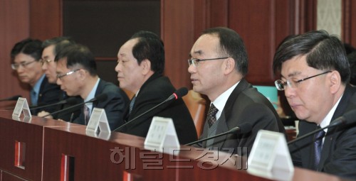 2일 중앙청사에서 열린 위기관리대책회의. 박재완기획재정부장관이 대기업의 경제편중화와 여야를 막론한 정치권의 기업때리기 비판을 우려하는 인사말을 하고 있다.<br />정희조 기자/checho@heraldm.com 120202\r\n2일 중앙청사에서 열린 위기관리대책회의. 박재완기획재정부장관이 대기업의 경제편중화와 여야를 막론한 정치권의 기업때리기 비판을 우려하는 인사말을 하고 있다.\n정희조 기자/checho@heraldm.com 120202