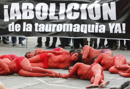 <YONHAP PHOTO-0151> EDS NOTE NUDITY - Animal rights' activists lie on the ground forming a bull's image during a protest against bullfighting in Bogota, Colombia, Thursday, Feb. 9, 2012. The banner at back reads in Spanish: "Abolish Bullfighting now!" (AP Photo/Fernando Vergara)/2012-02-10 06:05:24/ <저작권자 ⓒ 1980-2012 ㈜연합뉴스. 무단 전재 재배포 금지.>\r\n<YONHAP PHOTO-0151> EDS NOTE NUDITY - Animal rights' activists lie on the ground forming a bull's image during a protest against bullfighting in Bogota, Colombia, Thursday, Feb. 9, 2012. The banner at back reads in Spanish: "Abolish Bullfighting now!" (AP Photo/Fernando Vergara)/2012-02-10 06:05:24/ <저작권자 ⓒ 1980-2012 ㈜연합뉴스. 무단 전재 재배포 금지.>