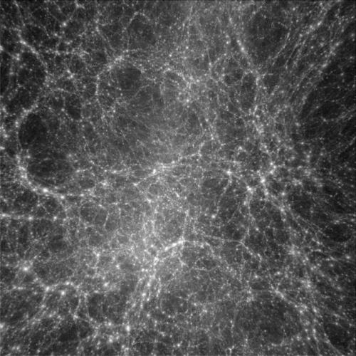 A computer simulation shows dark matter is distributed in a clumpy but organized manner. In the figure, high density regions appear bright whereas dark regions are nearly, but not completely, empty.