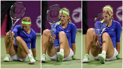 <YONHAP PHOTO-0508> A picture combo shows Victoria Azarenka of Belarus reacts after injuring her left foot during her match against Agnieszka Radwanska of Poland in their WTA Qatar Open semi-final tennis match in Doha on February 18, 2012. Azarenka won match 6-2,6-4 to go into the finals against Australia's Samantha Stosur. AFP PHOTO/KARIM JAAFAR../2012-02-19 06:47:44/ <저작권자 ⓒ 1980-2012 ㈜연합뉴스. 무단 전재 재배포 금지.>
Victoria Azarenka reacts after injuring her left foot during WTA Qatar Open in Doha on Saturday. AFP-Yonhap News