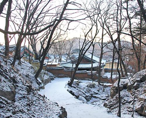 A narrow trail leads to Sudeoksa in the heart of the Deoksung Mountains in South Chungcheong Province. (Hamish Macdonald)