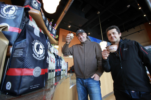 Book of unique accommodationsLa Colombe’s Todd Carmichael, left, and Jean-Philippe Iberti with their wares at 15th and Dilworth Plaza, Feb. 6, in Philadelphia, Pennsylvania. (Philadelphia Inquirer/MCTeye)