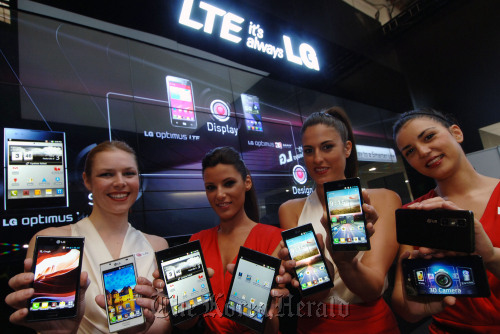 LG Electronics unveils its new smartphone line-up: (from left) Optimus Vu, Optimus 4X HD, Optimus 3-D Max and Optimus L7.    LG Electronics