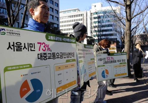 환경운동연합이 27일 오전 서울시청 서소문별관에서 서울 대중교통요금인상반대 여론조사 결과를 발표하고 서울시에 대중교통요금인상이 아니라 교통수요관리대책수립을 촉구하고 있다. 박해묵 기자/mook@heraldm.com\r\n환경운동연합이 27일 오전 서울시청 서소문별관에서 서울 대중교통요금인상반대 여론조사 결과를 발표하고 서울시에 대중교통요금인상이 아니라 교통수요관리대책수립을 촉구하고 있다. 박해묵 기자/mook@heraldm.com\r\n환경운동연합이 27일 오전 서울시청 서소문별관에서 서울 대중교통요금인상반대 여론조사 결과를 발표하고 서울시에 대중교통요금인상이 아니라 교통수요관리대책수립을 촉구하고 있다. 박해묵 기자/mook@heraldm.com