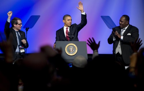 <YONHAP PHOTO-0648> US President Barack Obama speaks at the United Auto Workers conference in Washington, DC, February 28, 2012. AFP PHOTO / Saul LOEB../2012-02-29 07:46:30/ <저작권자 ⓒ 1980-2012 ㈜연합뉴스. 무단 전재 재배포 금지.>
U.S. President Barack Obama speaks at the United Auto Workers conference in Washington, D.C. on Tuesday.  AFP-Yonhap News