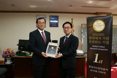 한국가스안전공사가 2012년 한국에서 가장 존경받는 기업 공공기관 부문 1위로 선정됐다. 안전공사는 이 부문서 2008년부터 2010년까지 3년 연속 선정된 이후 다시 1위를 탈환한 것이다.