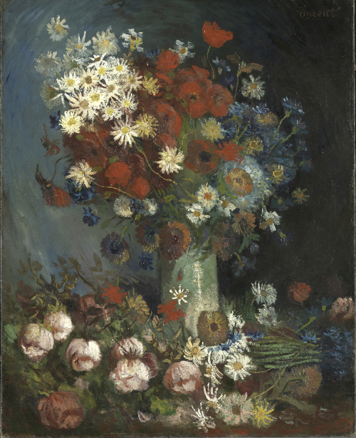 <YONHAP PHOTO-0883> This photo provided by the Kroeller Mueller Museum in Otterlo, Netherlands, Tuesday, March 20, 2012, shows a painting entitled "Still life with meadow flowers and roses" by Vincent van Gogh. The Kroeller Mueller Museum says new X-ray research has finally put beyond doubt that "Still life with meadow flowers and roses" really is by Van Gogh. It has also uncovered in greater detail an art school study by Van Gogh of two wrestlers concealed on the same canvas and invisible to the naked eye. (AP Photo/Kroeller Mueller Museum, HO) EDITORIAL USE ONLY/2012-03-20 19:32:38/ <저작권자 ⓒ 1980-2012 ㈜연합뉴스. 무단 전재 재배포 금지.>
“Still life with meadow flowers and roses” by Vincent van Gogh.  AP-Yonhap News
“Still life with meadow flowers and roses” by Vincent van Gogh.  AP-Yonhap News